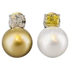 Impressive Fancy Vivid Yellow South Sea Pearl Diamond Platinum Earrings 12