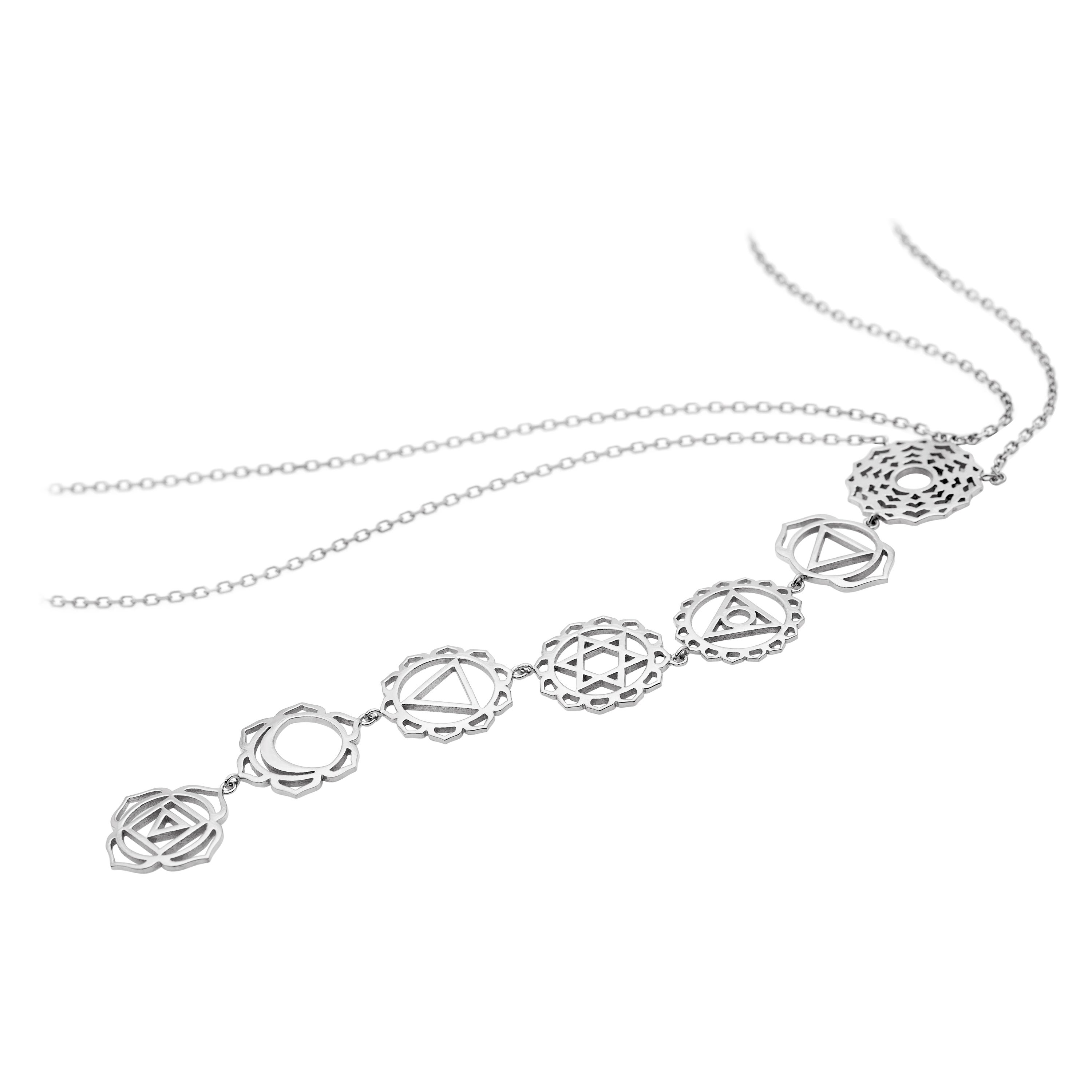 Collana a cravatta con sette chakra yoga in argento e doppia catena in vendita