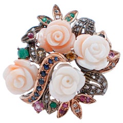 Emeralds, Diamonds, Sapphires, Rubies, Coral, 9 Karat Rose Gold and Silver Ring