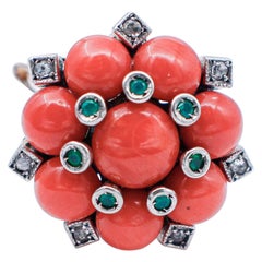 Diamonds, Green Agate, Coral, 9 Karat Rose Gold and Silver Retrò Ring