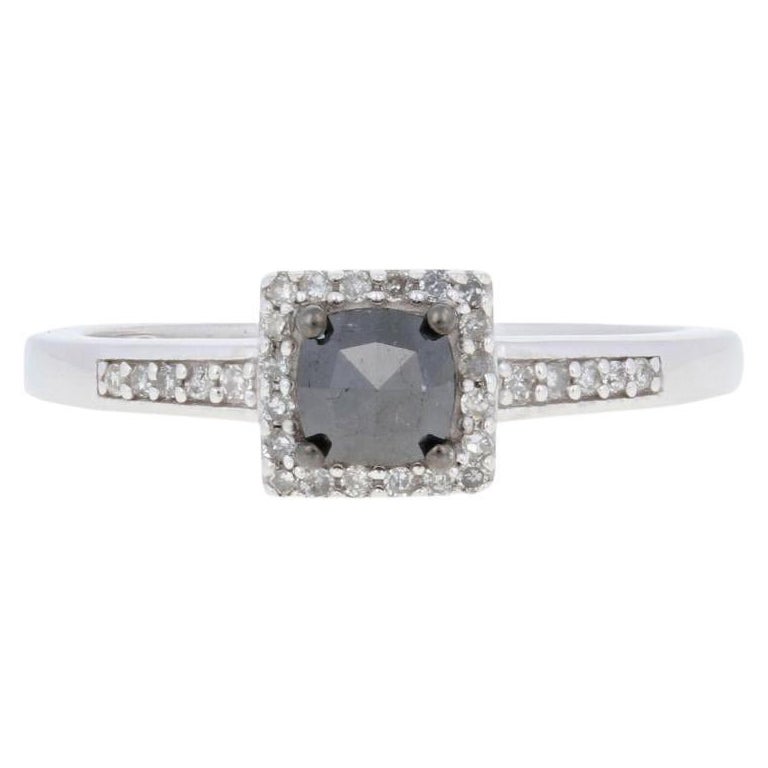 New .50ctw Rose Cut Black & White Diamond Ring, Sterling Silver Square Halo For Sale