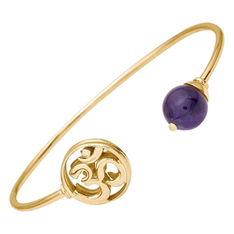 Om Aum Bangle Bracelet in 14Kt Gold with Small Round Amethyst Boho Gift for Her For Sale