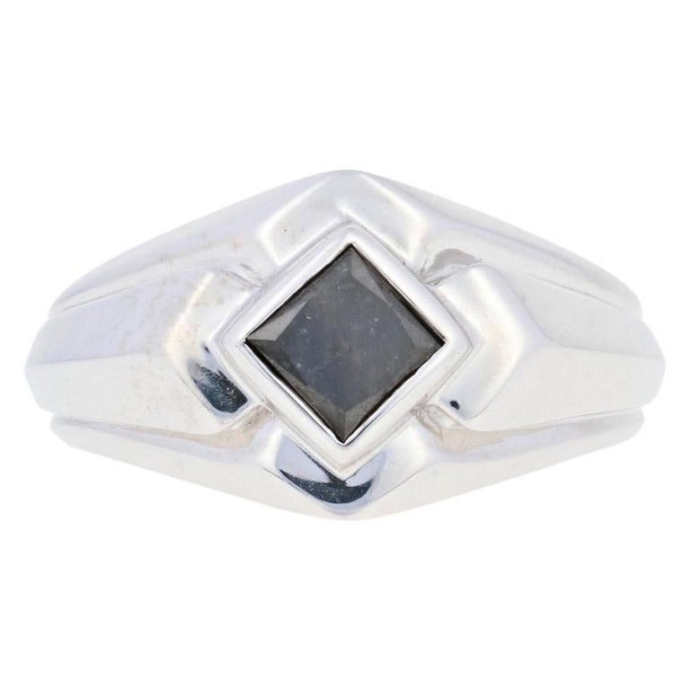 Silver Black Diamond Ring, 925 Princess Cut 1.00ct Men's Solitaire For Sale