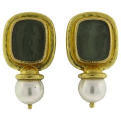 Elizabeth Locke Venetian Glass Intaglio Pearl Gold Drop Earrings