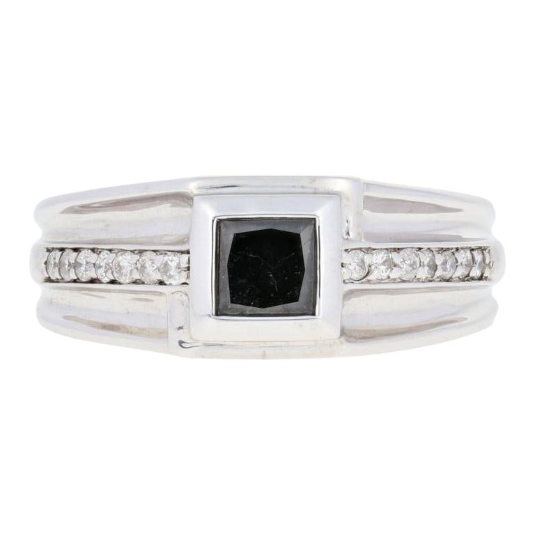 Sterling Silver Black Diamond Ring, 925 Princess Cut 1.20ctw Men's For Sale