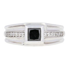 Vintage Silver Black & White Diamond Ring, 925 Princess Cut 1.20ctw Men's