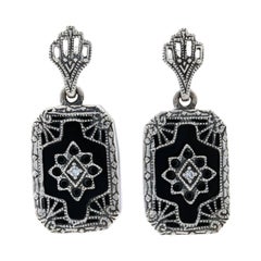 Sterling Silver Onyx & Diamond Filigree Dangle Earrings, 925 Floral Pierced