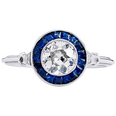 Old European Cut Diamond Sapphire Platinum Ring