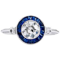 Old European Cut Diamond Sapphire Platinum Ring 7