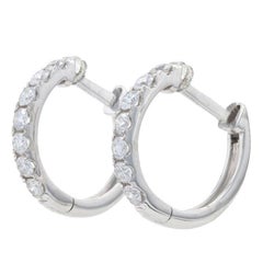 Antique White Gold Diamond Huggie Hoop Earrings, 14k Round Brilliant .30ctw Pierced