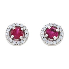 New Ruby & Diamond Halo Stud Earrings, 14k White Gold Pierced Round Cut 0.80ctw