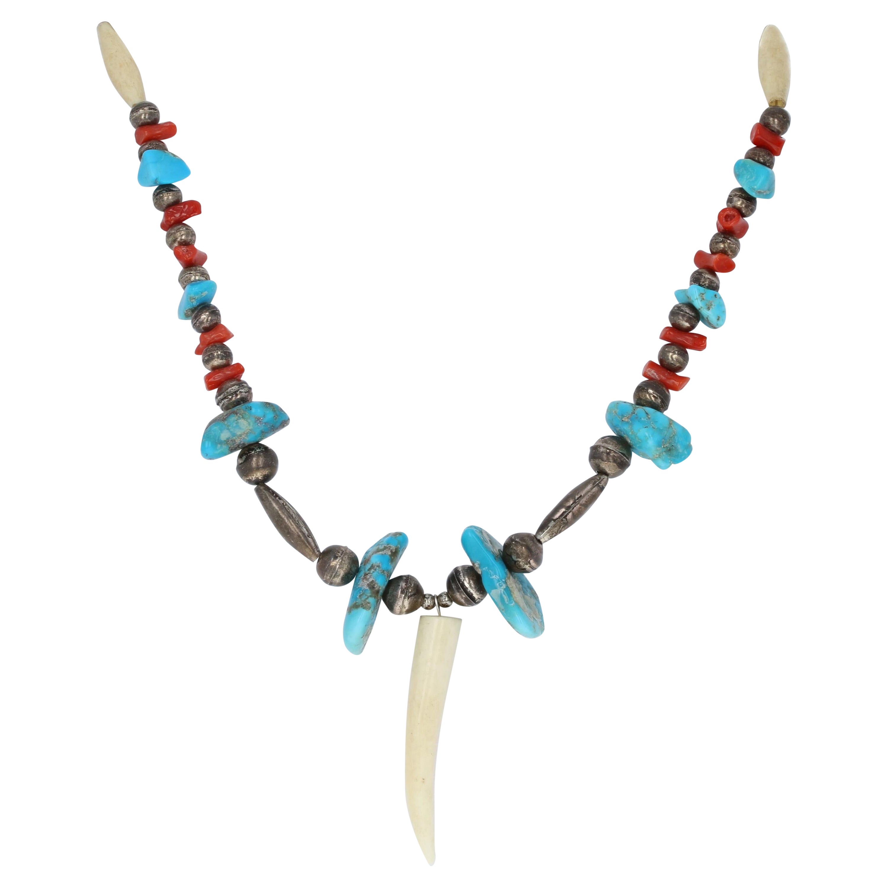 Native American Necklace Silver Deer Bone & Antler with Turquoise Coral Shell For Sale