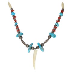 Retro Native American Necklace Silver Deer Bone & Antler with Turquoise Coral Shell
