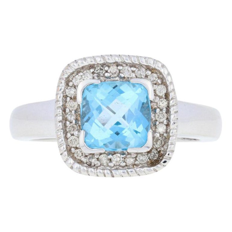 Bague neuve en or blanc 14 carats avec topaze bleue de 1,62 carat et diamants