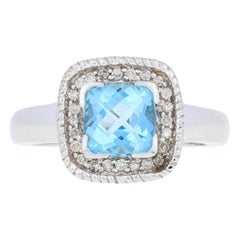 Ring mit 1,62 Karat blauem Topas und Diamant, Halo aus 14k Weißgold