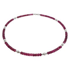Purple Red Rubelite Tourmaline Rondel Beaded Necklace with 18 Carat White Gold