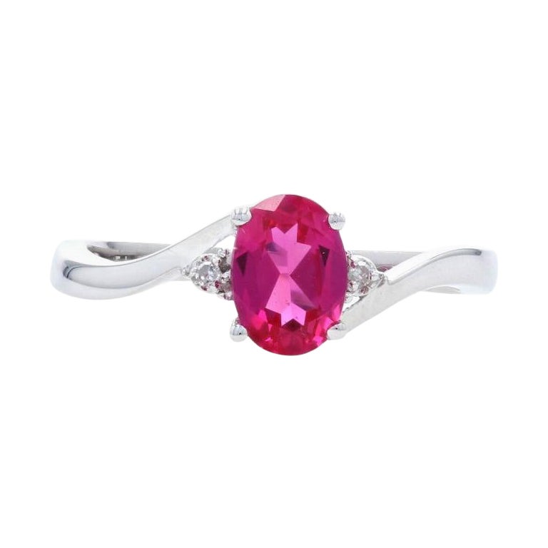 Synthetic Ruby & Diamond Ring, 10k White Gold Bypass 1.07ctw For Sale
