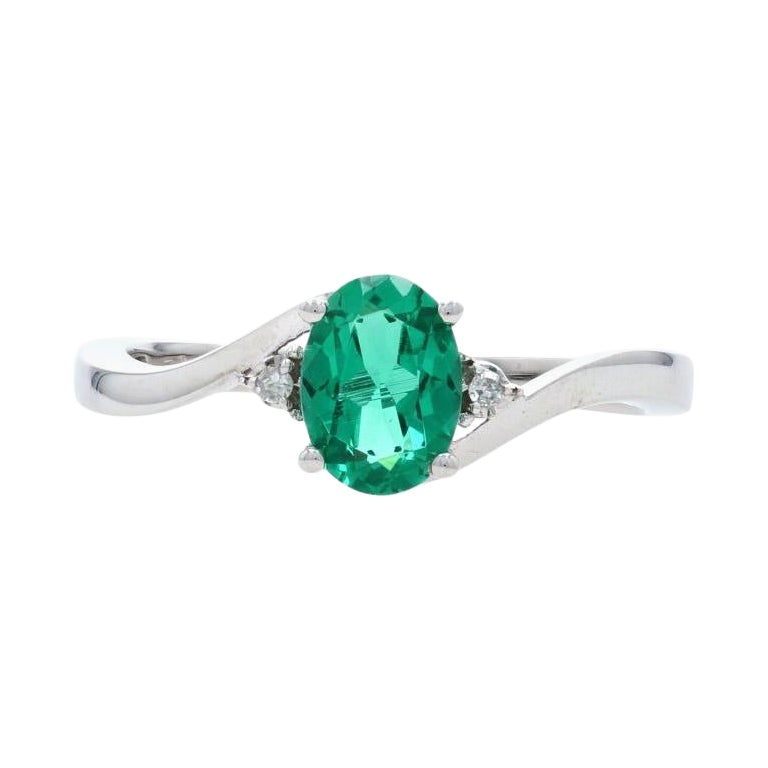 Synthetic Emerald & Diamond Ring, 10k White Gold Bypass .86ctw For Sale