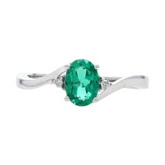 Vintage Synthetic Emerald & Diamond Ring, 10k White Gold Bypass .86ctw