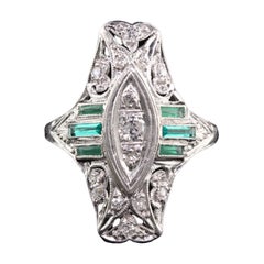 Antique Art Deco Platinum Old Euro Diamond and Emerald Shield Ring