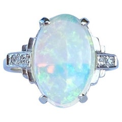 Art Deco Opal and Diamond 18 Carat White Gold Ring