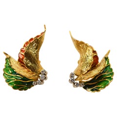 Vintage Italian Enamel Diamond 18K Yellow Gold Art Leaf Stud Earrings