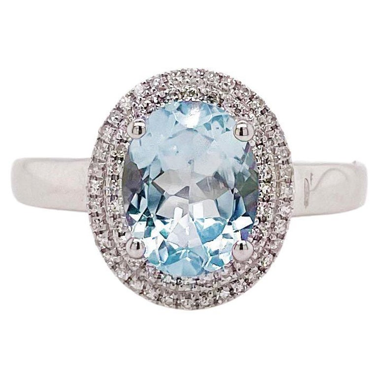 Aquamarine & Double Diamond Halo Ring 14K White Gold March Birthstone Ring