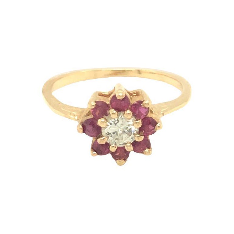 Vintage Diamond and Ruby Cluster Floral Ring 14K Yellow Gold at 1stDibs