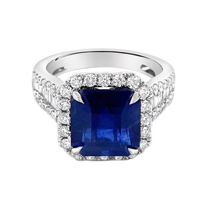 6.14ct Royal Blue Octagonal Natural Sapphire Ring, GIA, with 1.36ctw Diamonds For Sale