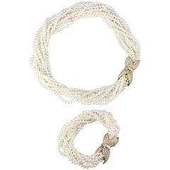 Van Cleef & Arpels Pearl Diamond Gold Torsade Necklace and Bracelet Combination