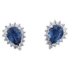 Pear Shaped Sapphires Diamonds and White Gold Stud Earrings