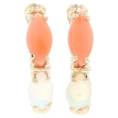 Yellow Gold Opal & Coral J-Hook Earrings, 14k Marquise Cut .80ctw Pierced