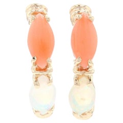 Yellow Gold Opal & Coral J-Hook Earrings, 14k Marquise Cut .80ctw Pierced