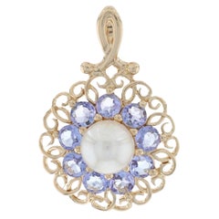 Antique Yellow Gold Cultured Pearl & Tanzanite Flower Halo Pendant, 14k Round .70ctw