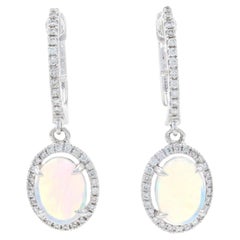 Antique White Gold Opal & Diamond Halo Dangle Hoop Earrings 14k Cabochon 1.23ctw Pierced