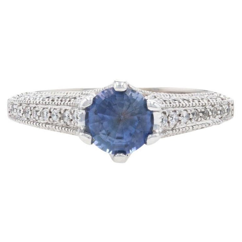 White Gold Sapphire & Diamond Engagement Ring, 14k Round Cut 1.47ctw Milgrain For Sale
