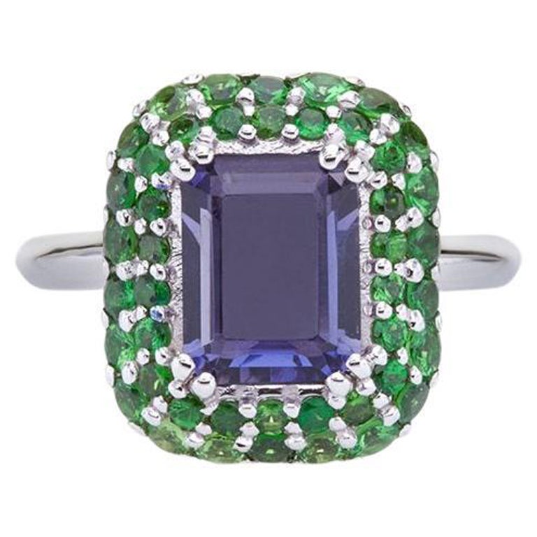For Sale:  Ring in 18Kt White Gold with Blue Iolite Octagon and Green Tzavorite Garnet Pave