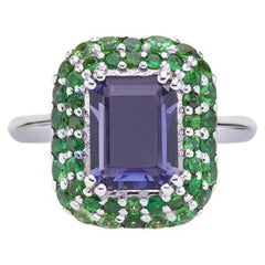 Ring in 18Kt White Gold with Blue Iolite Octagon and Green Tzavorite Garnet Pave