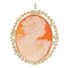 Vintage Shell Cameo Brooch, 10k Yellow Green Rose Gold Convertible Pendant