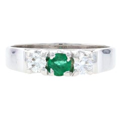 Emerald & Diamond Ring, 14k White Gold Engagement Round Brilliant .46ctw