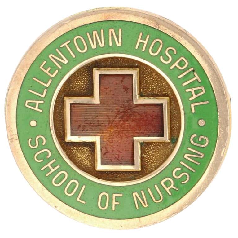 Allentown Hospital Nursing School Badge, 10k Yellow Gold Vintage Enamel