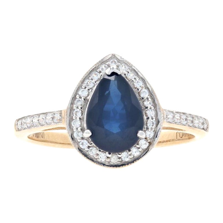 Yellow Gold Sapphire & Zircon Halo Ring, 10k Pear Brilliant 1.76ctw
