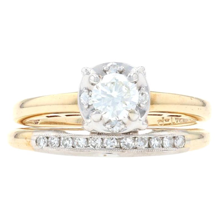 Vintage Diamond Engagement Ring & Wedding Band, 14k Gold Round Brilliant .45ctw For Sale