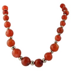 Vintage Carnelian Beaded Necklace, Sterling Silver Box Clasp Chunky