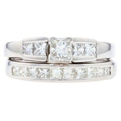 Vintage White Gold Diamond Engagement Ring & Wedding Band, 14k & 18k Princess 1.08ctw