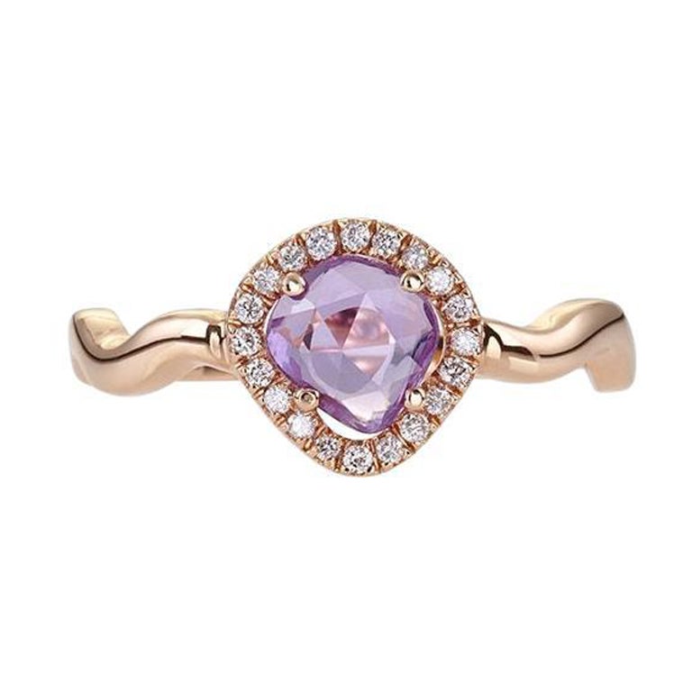 For Sale:  Zic Zac Ring in 18Kt Rose Gold with Pink, Violet Rose Cut Sapphire and Diamond