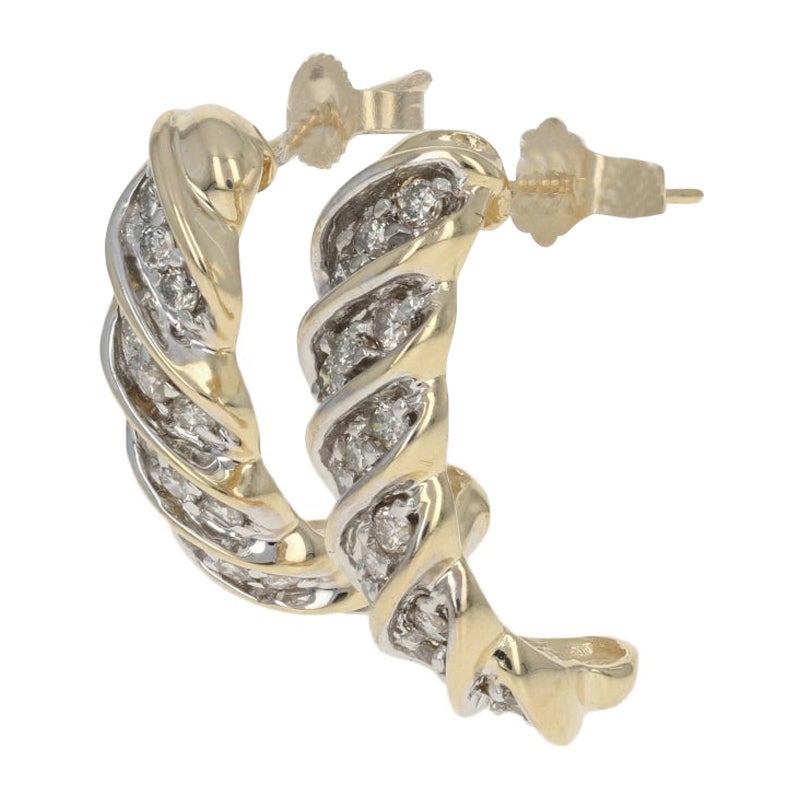 Yellow Gold Diamond J-Hook Twist Earrings, 14k Round Brilliant 1.00ctw Pierced For Sale