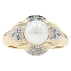 Yellow Gold Cultured Pearl & Diamond Ring, 14k Single Cut Accents