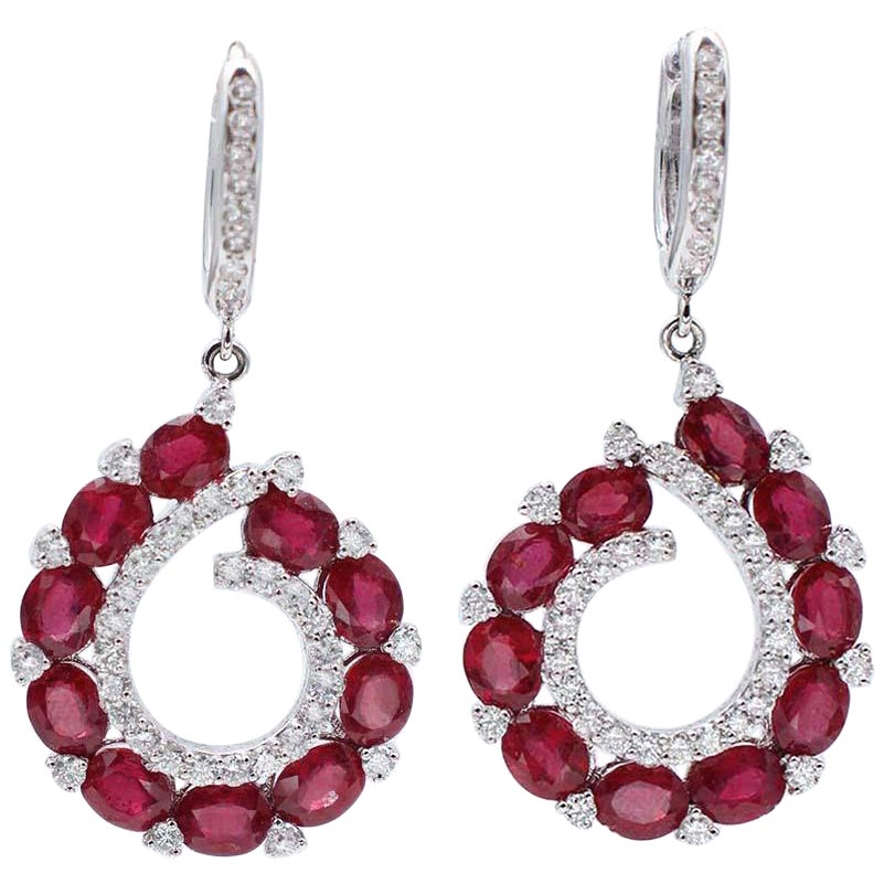 Rubies, Diamonds, 18 Karat White Gold Dangle Earrings