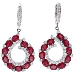 Rubies, Diamonds, 18 Karat White Gold Dangle Earrings